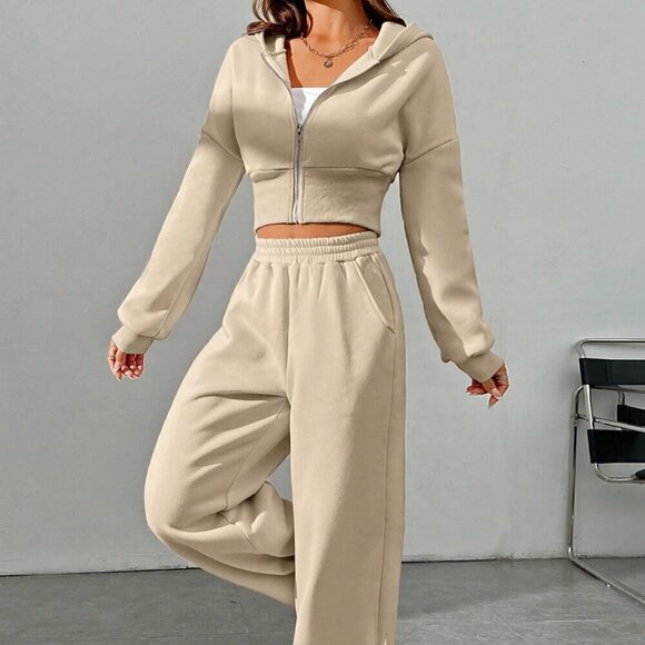 Khaki Casual Women's Zipper Front Hoodie And Pants Two Piece Set - Picture 5 of 7